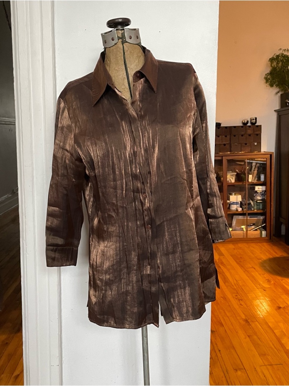 Satin-Look Brown Button-Front Blouse